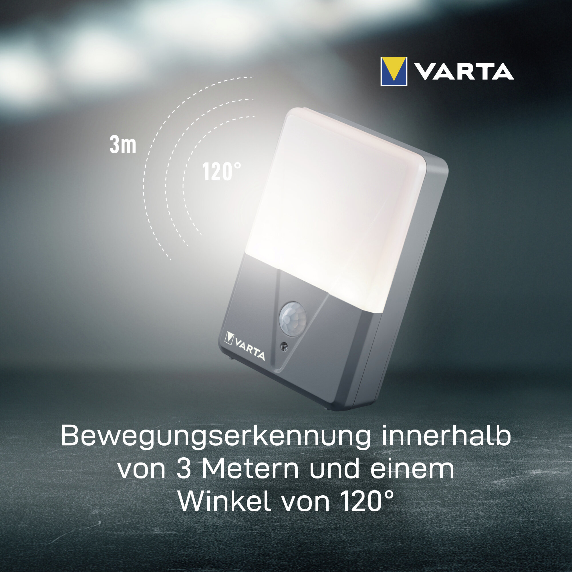 Varta Bewegungsmelder-Leuchte mit 3m Reichweite und 120-Grad-Winkel.