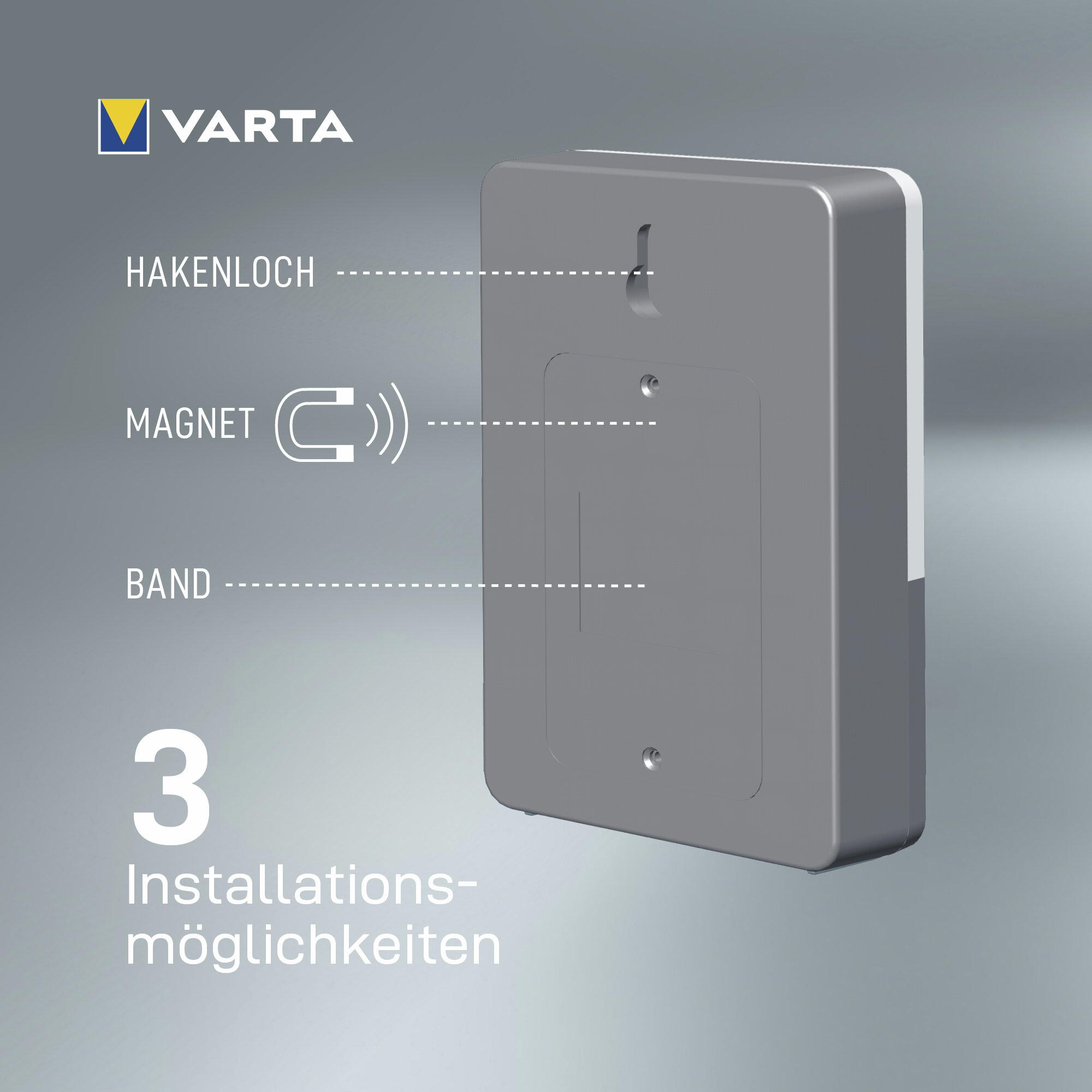 Diagramm zeigt drei Installationsmöglichkeiten für ein Varta-Gerät: Hakenloch, Magnet und Band.