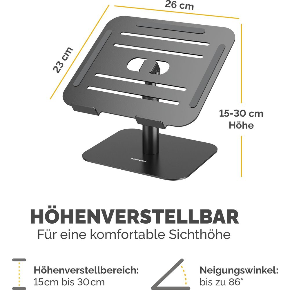 Ein schwarzer, verstellbarer Laptopständer mit Maßen und deutschem Text für Höhe und Neigung.