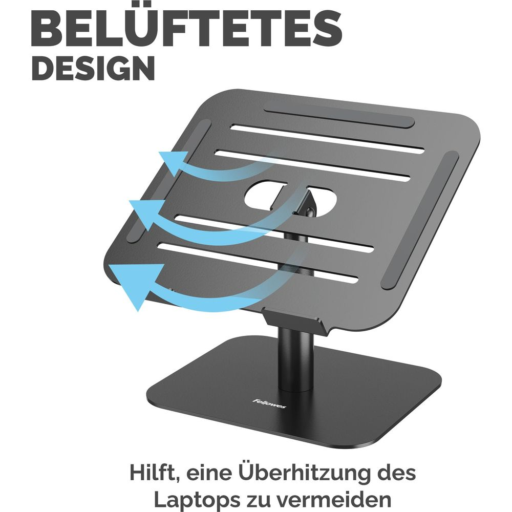 Schwarzer Laptopständer mit Belüftungsschlitzen und blauen Pfeilen, die den Luftstrom anzeigen.