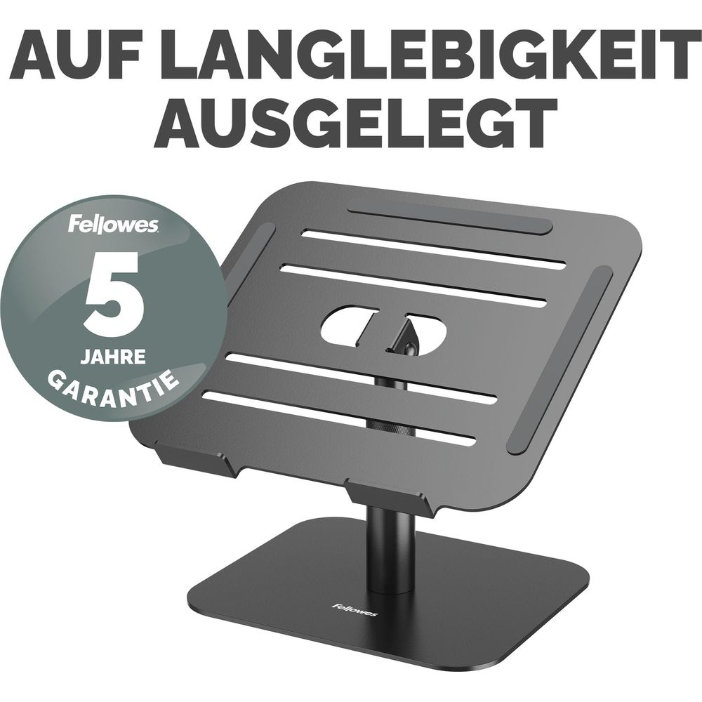 Ein schwarzer Fellowes Laptopständer mit 5 Jahren Garantie, abgebildet vor weißem Hintergrund.