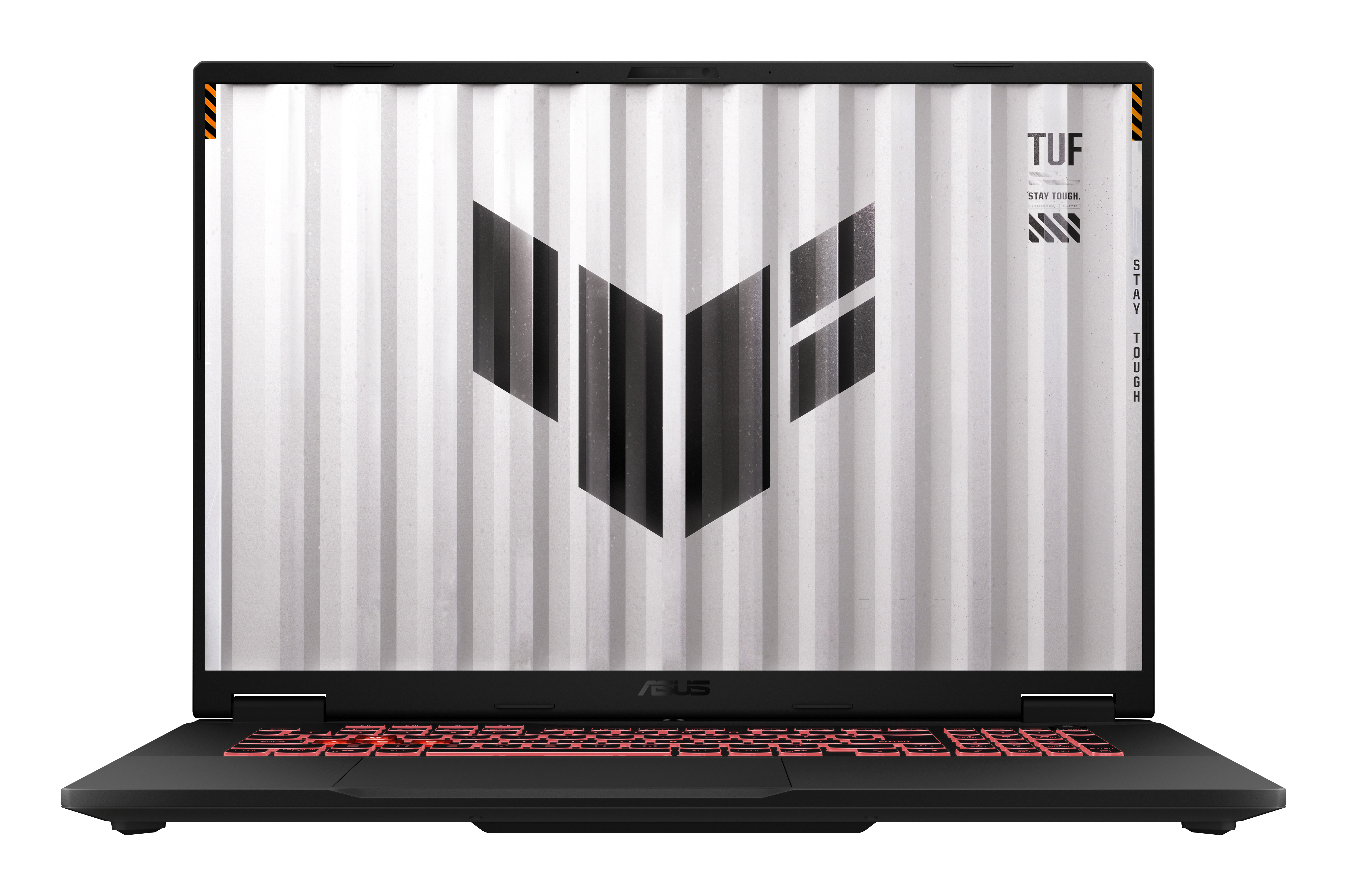 Ein schwarzer Asus TUF Laptop mit weißem Hintergrund und schwarzem Logo auf dem Bildschirm sowie rot hinterleuchteter Tastatur.