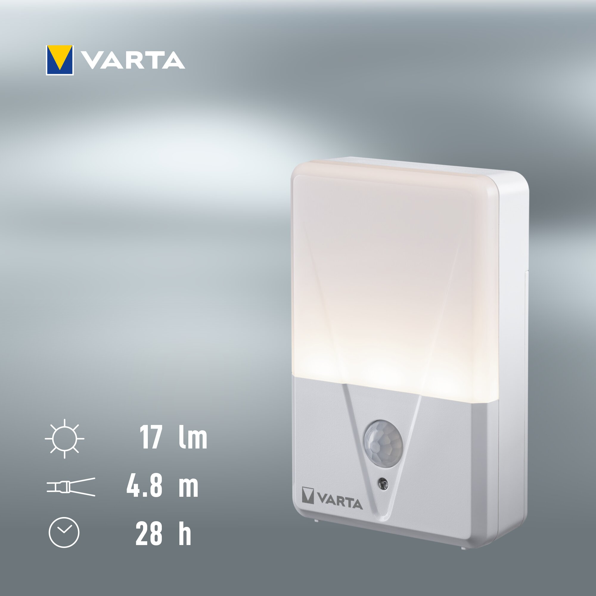 Weiße Varta LED-Wandleuchte mit Bewegungssensor und technischer Angabe von 17 Lumen, 4,8 m und 28 h.