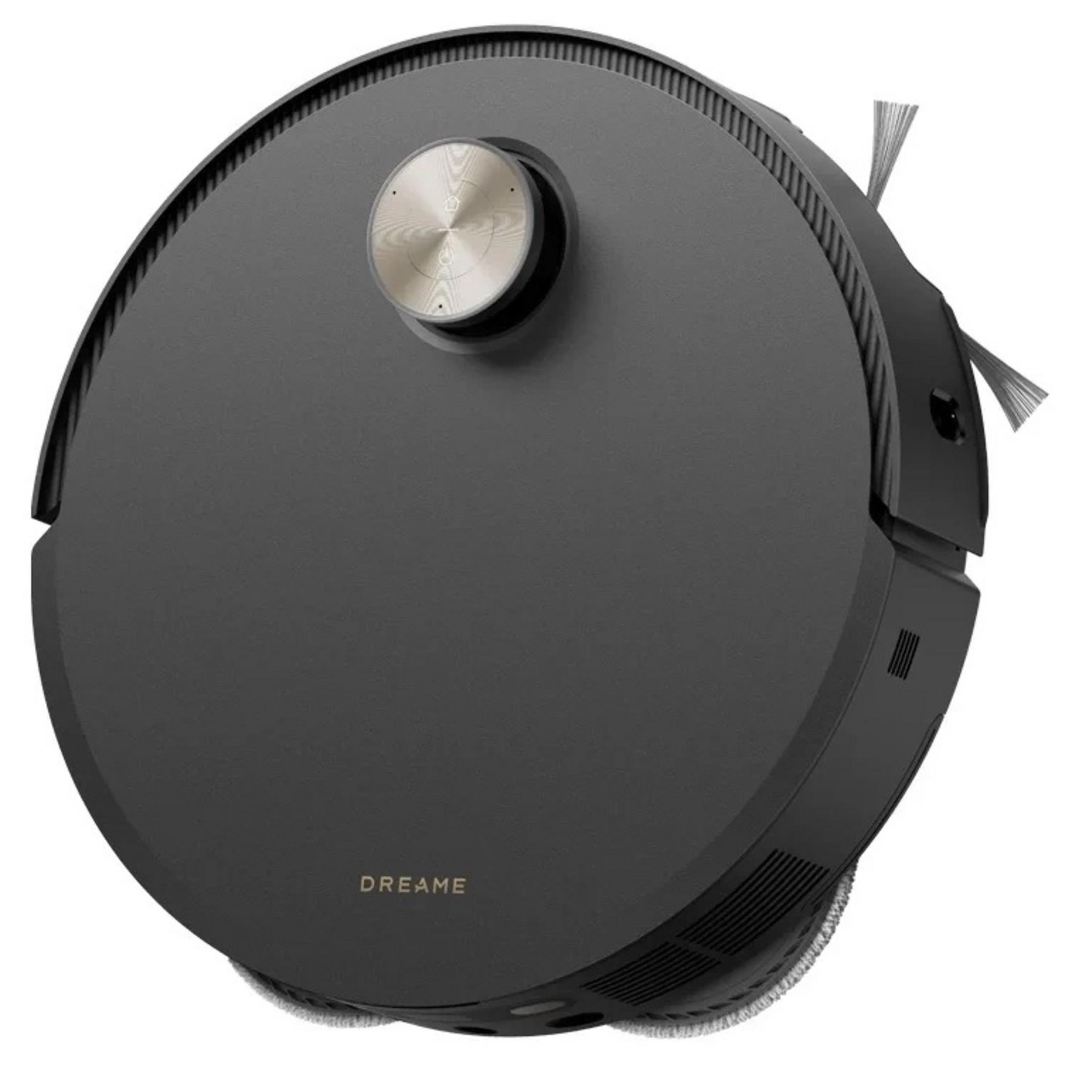 Un robot aspirateur Dreame rond et noir avec capteur laser doré et brosses latérales sur fond blanc.