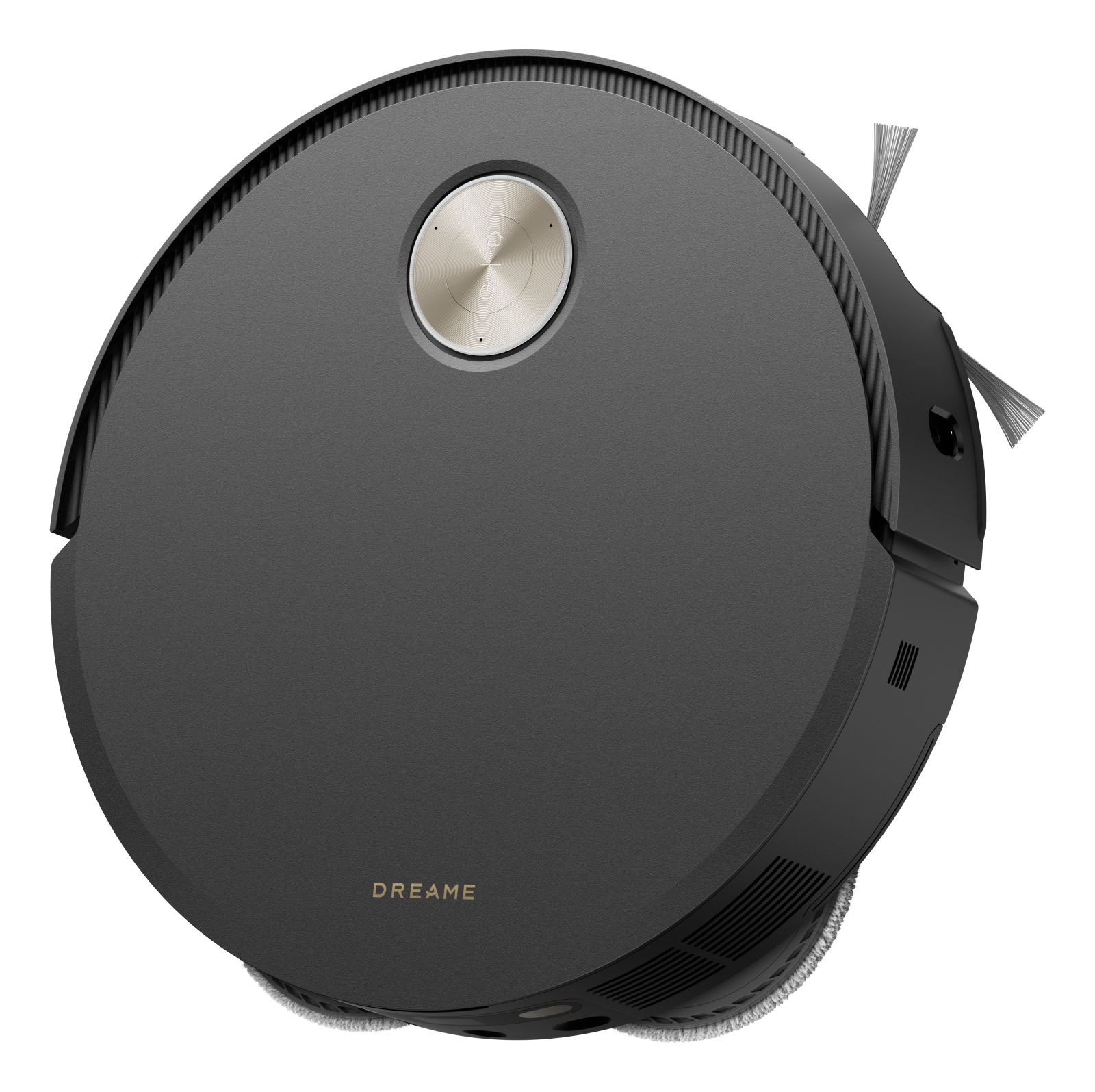 Un robot aspirateur rond noir avec un logo et des boutons dorés sur fond blanc.