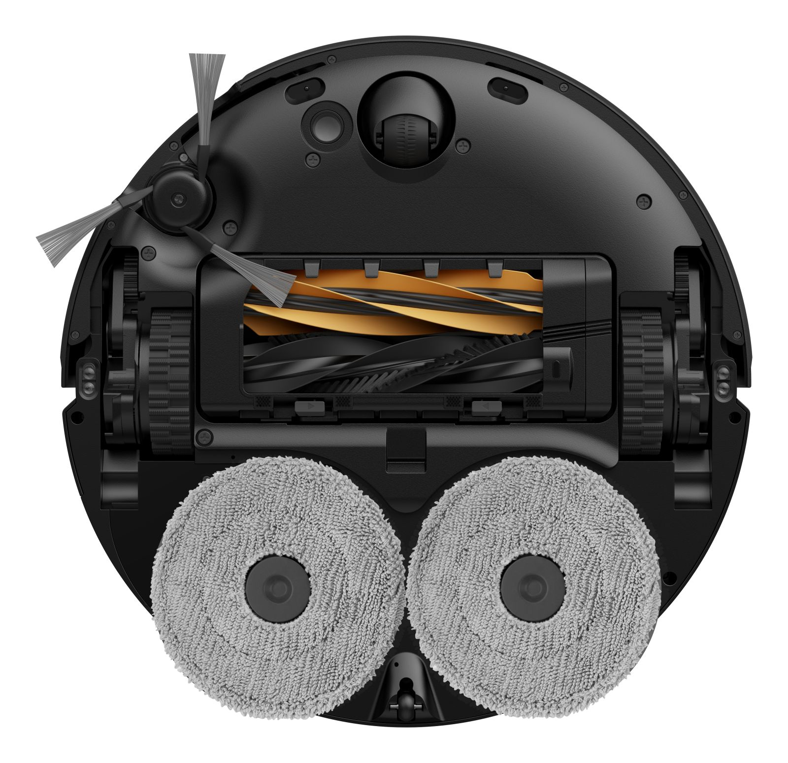 Dessous d'un robot aspirateur noir avec des brosses rotatives et deux serpillères rondes.
