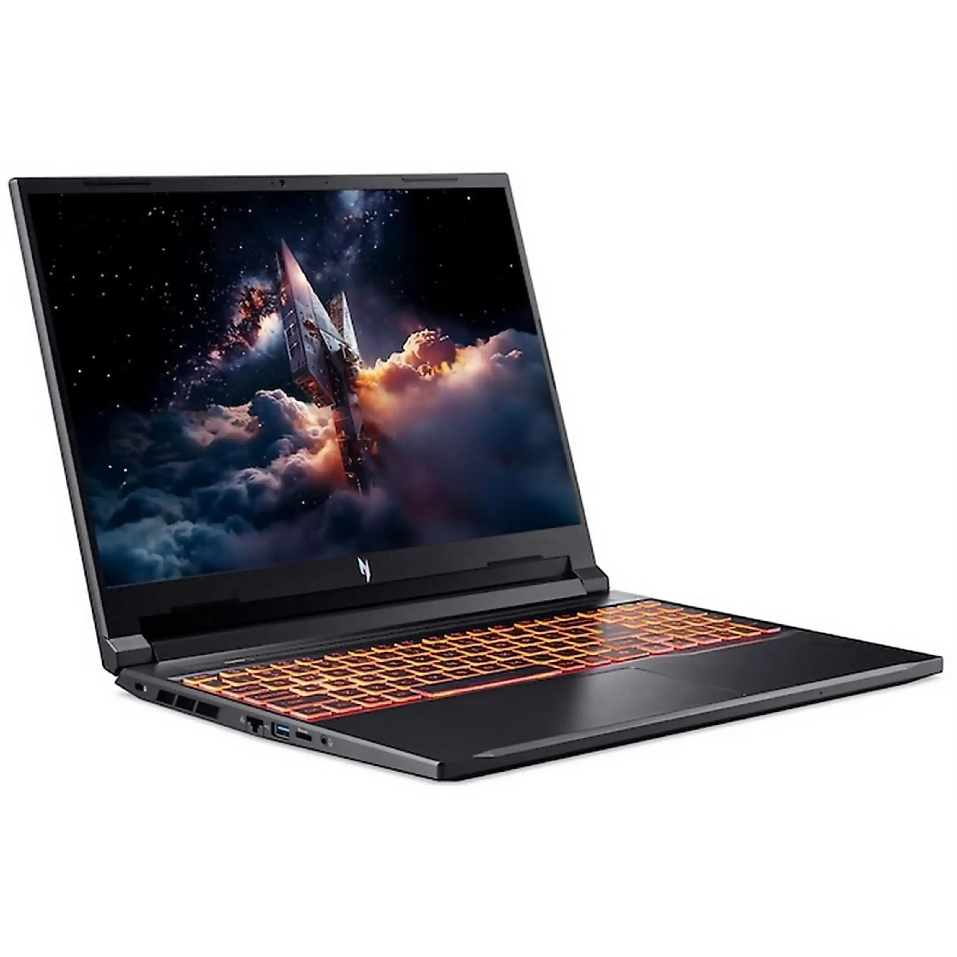 Un computer portatile da gioco nero con tastiera retroilluminata arancione e sfondo spaziale.