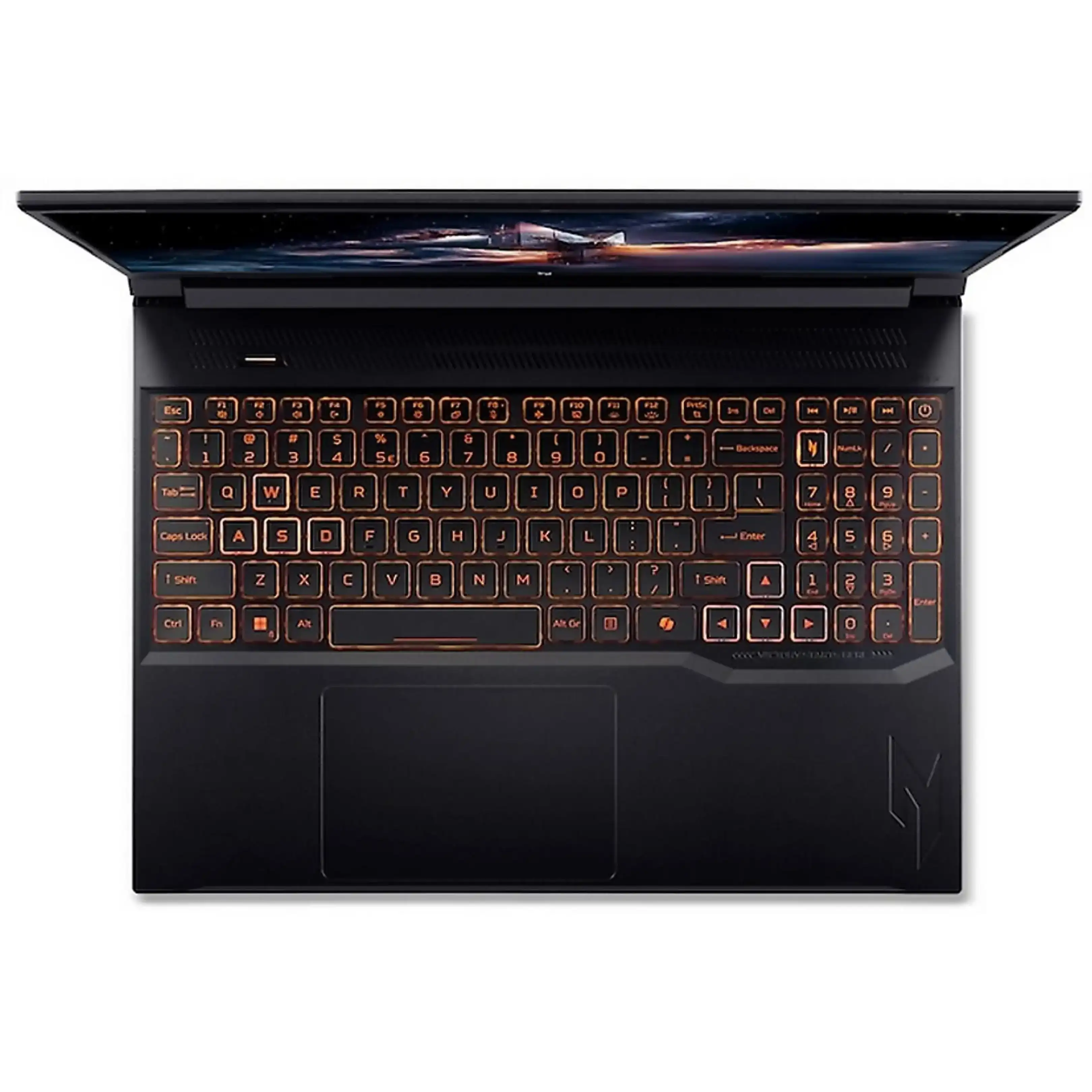 Un computer portatile nero con tastiera retroilluminata arancione e tastierino numerico.