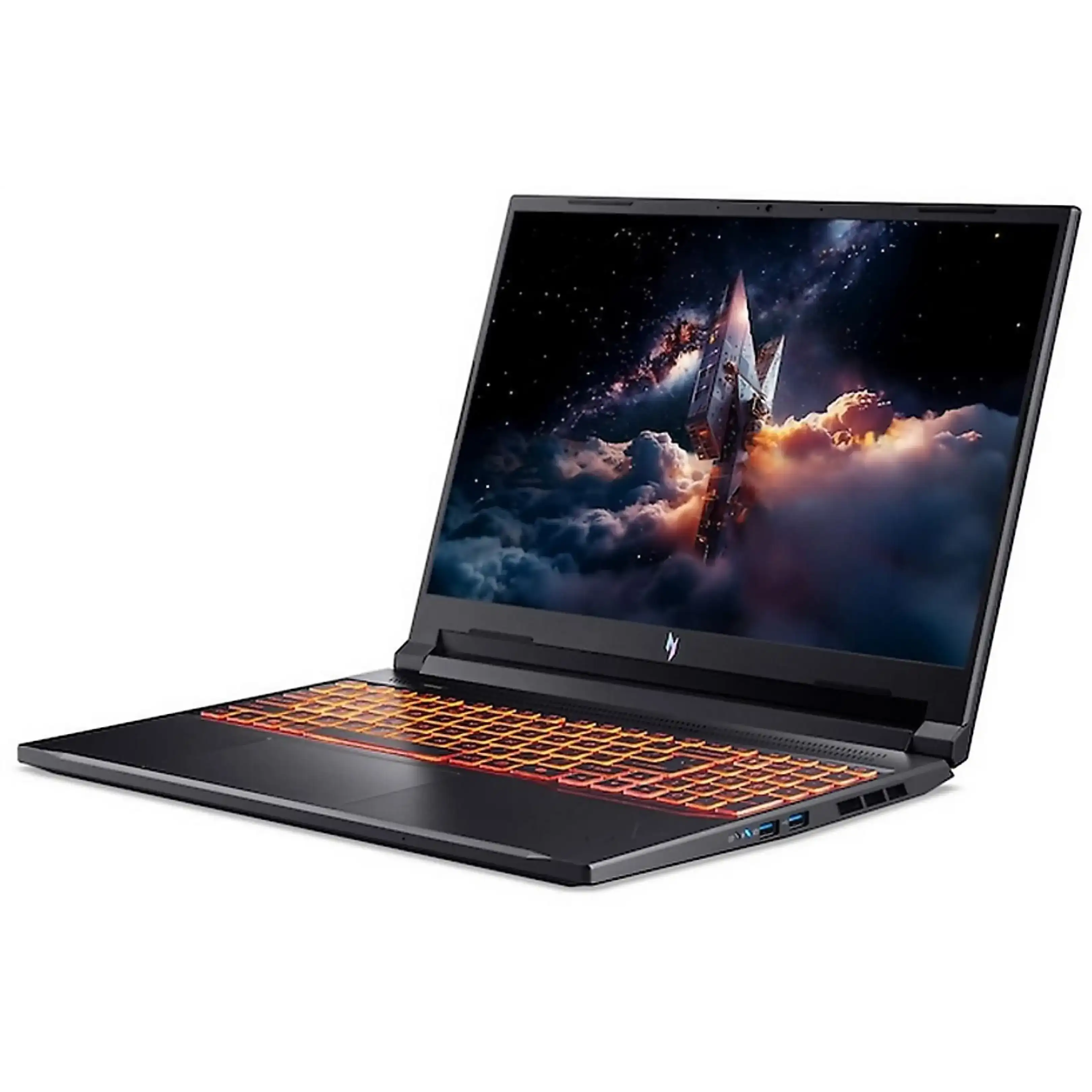 Un laptop da gioco nero con tastiera retroilluminata arancione e schermo spaziale.