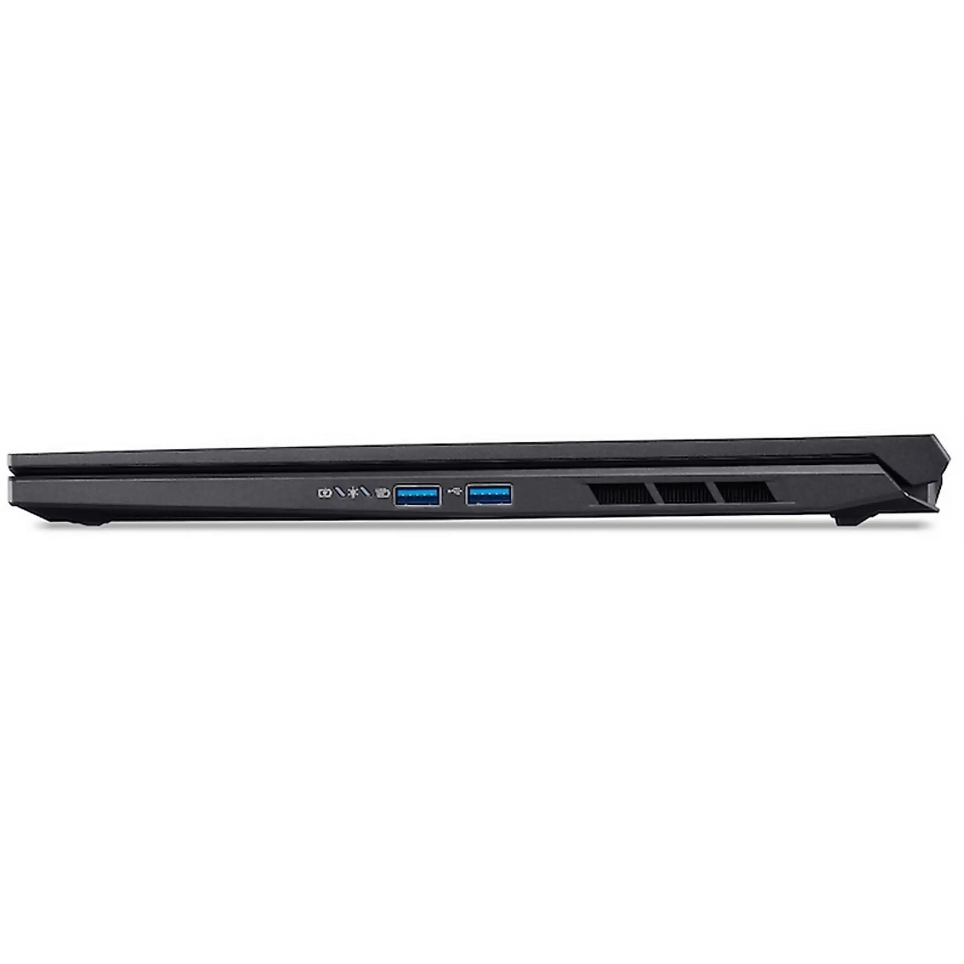 Vista laterale di un laptop nero chiuso con porte USB e fessure di ventilazione su sfondo bianco.