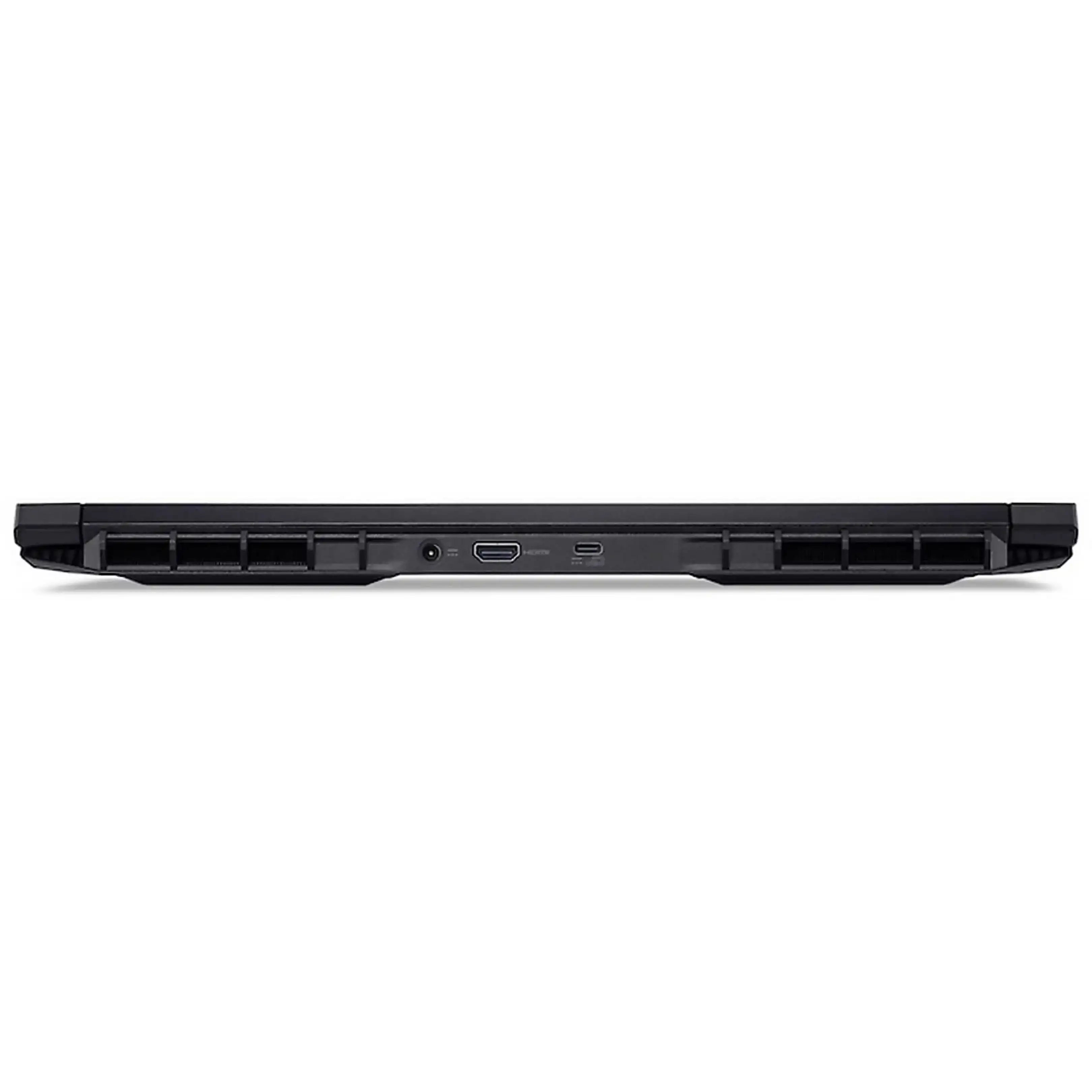 Vista posteriore di un laptop nero con porte e feritoie di ventilazione.