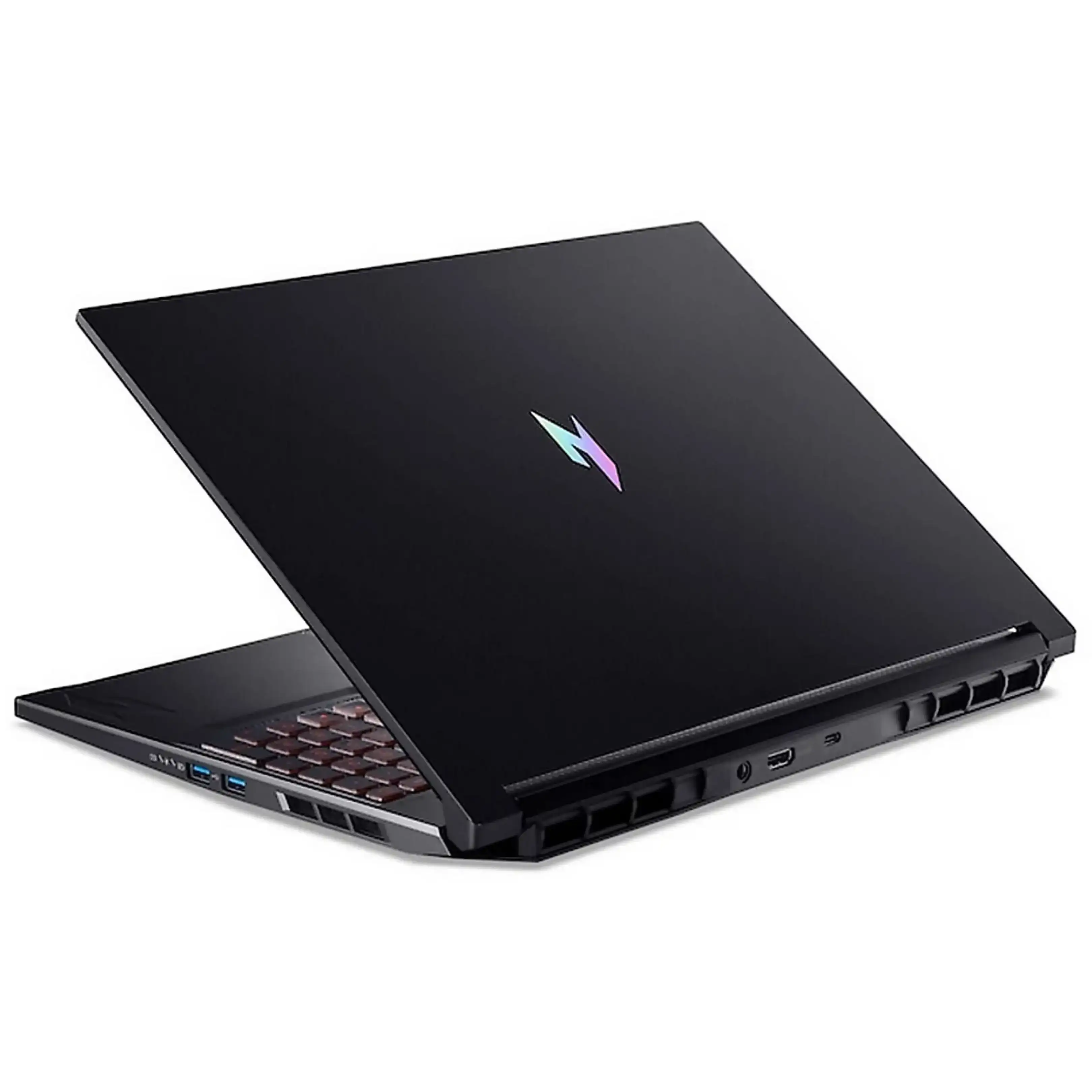 Un computer portatile da gioco nero con il coperchio chiuso e un logo multicolore luminoso sul retro.