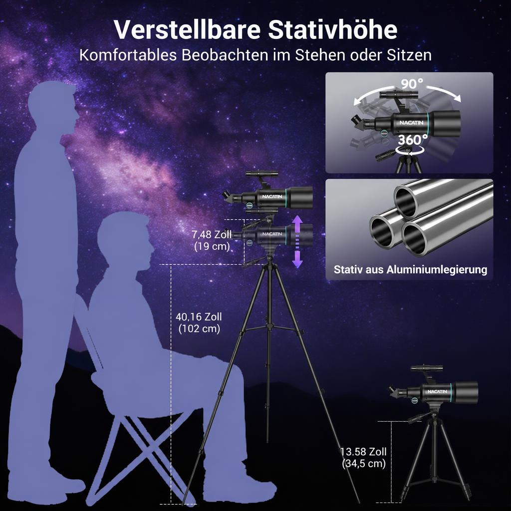 Teleskop mit verstellbarem Stativ, gezeigt mit Abmessungen für sitzende und stehende Beobachtung.