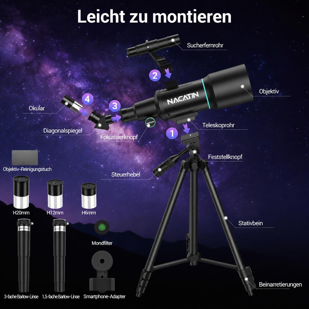 Ein Nacatin Teleskop auf einem Stativ mit beschrifteten Teilen und Zubehörteilen auf dunklem Hintergrund.