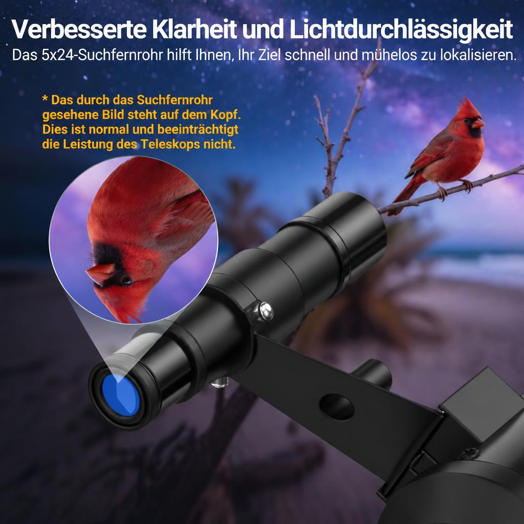 Ein schwarzes Suchfernrohr fokussiert auf einen roten Vogel auf einem Zweig, mit einem invertierten Vergrößerungskreis.