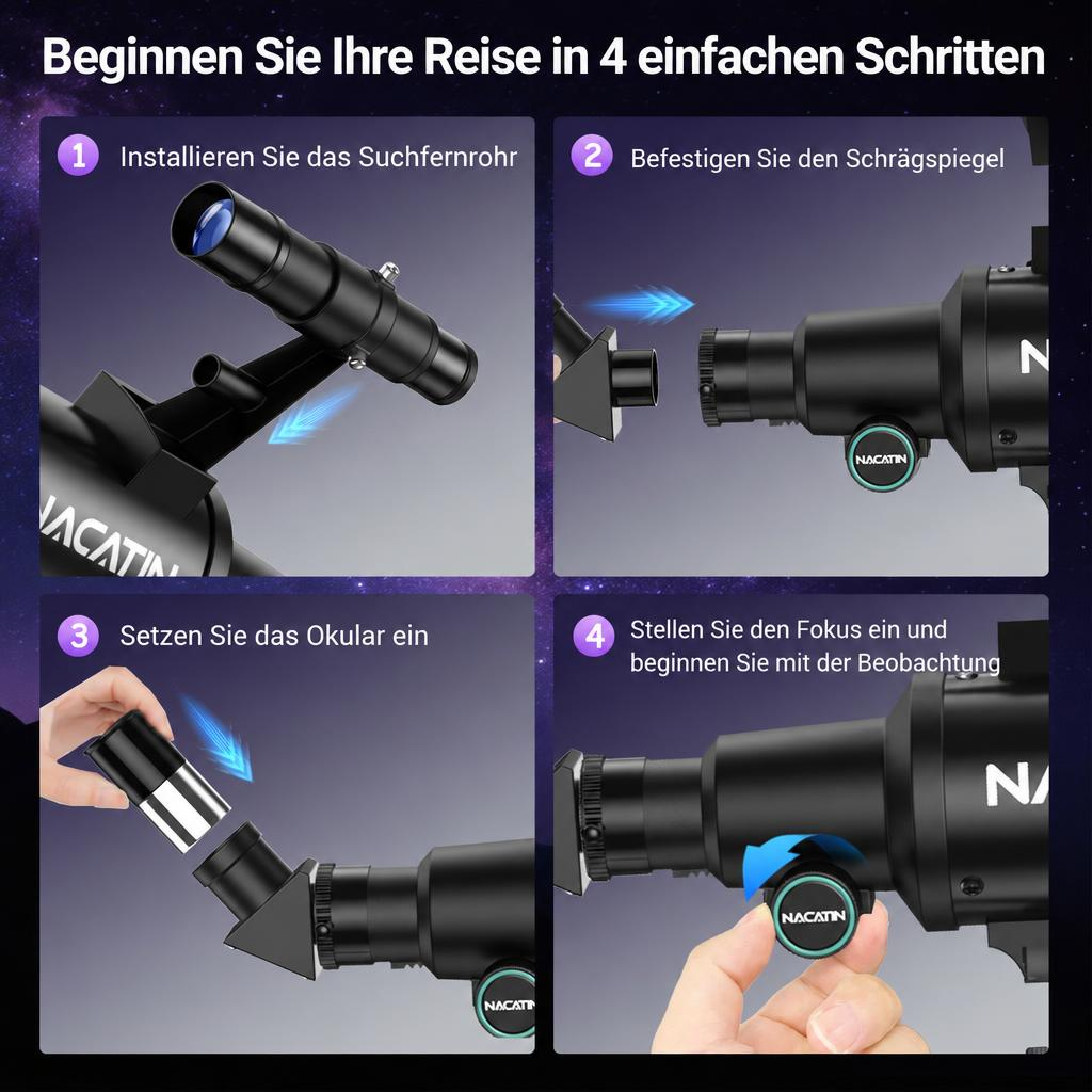 Vierteilige Anleitung in Deutsch zum Zusammenbauen eines Nacatin Teleskops mit nummerierten Schritten.