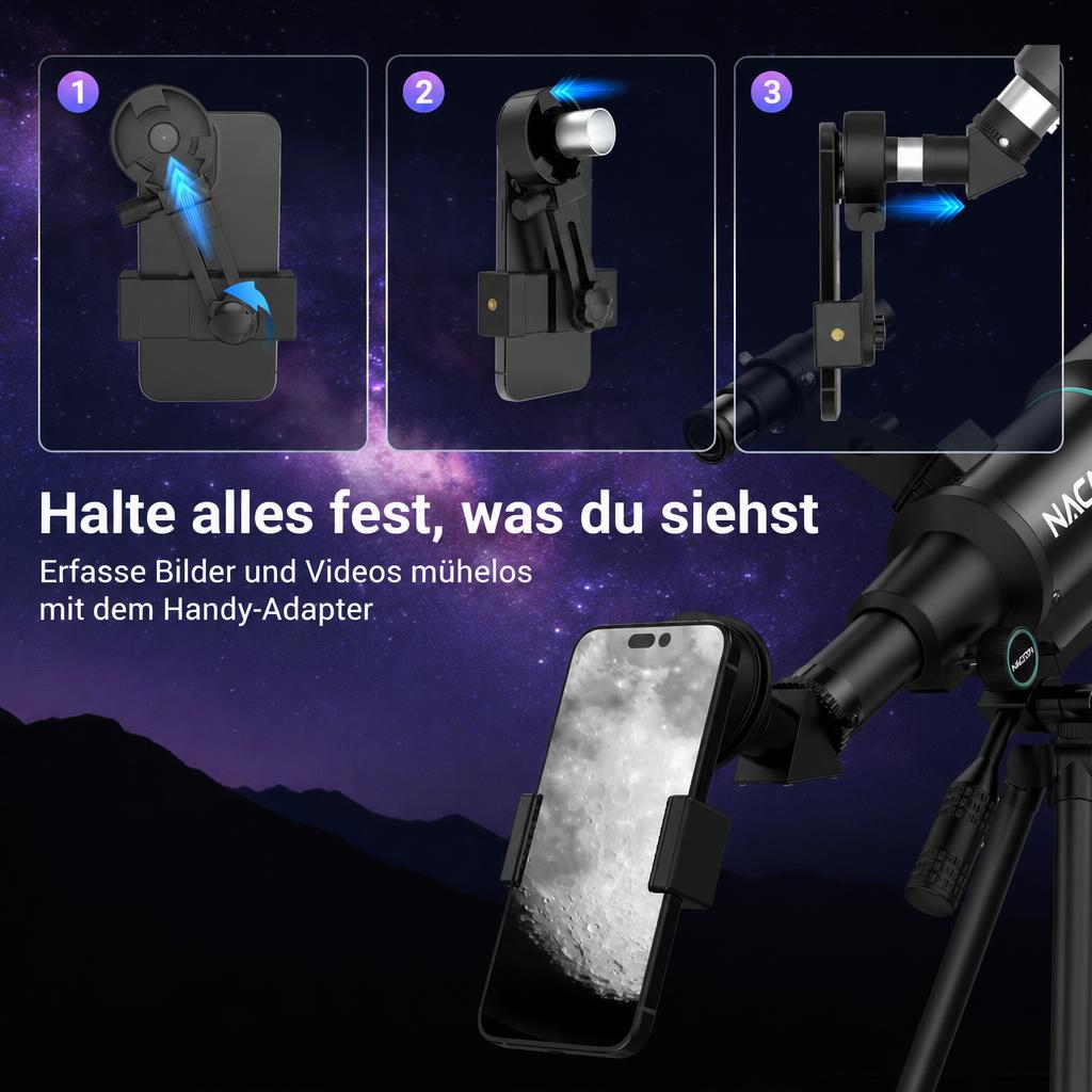Drei Schritte zeigen, wie ein Smartphone mit einem Teleskop-Adapter an einem Teleskop befestigt wird.