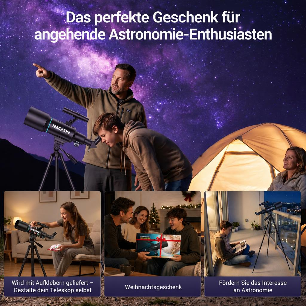 Ein Mann und ein Junge blicken unter einem Sternenhimmel durch ein Teleskop, mit kleineren Bildern.