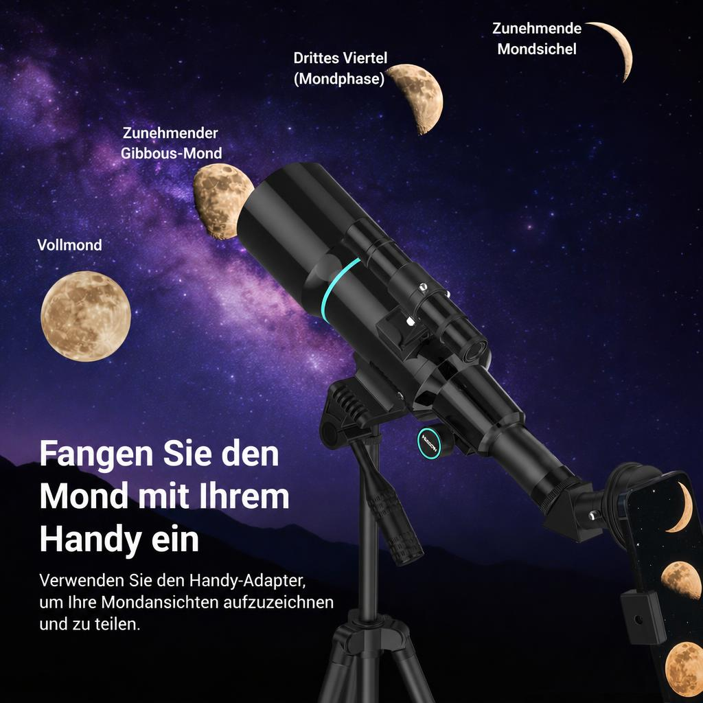 Ein schwarzes Teleskop auf einem Stativ zeigt vor sternenklarem Nachthimmel auf Mondphasen.