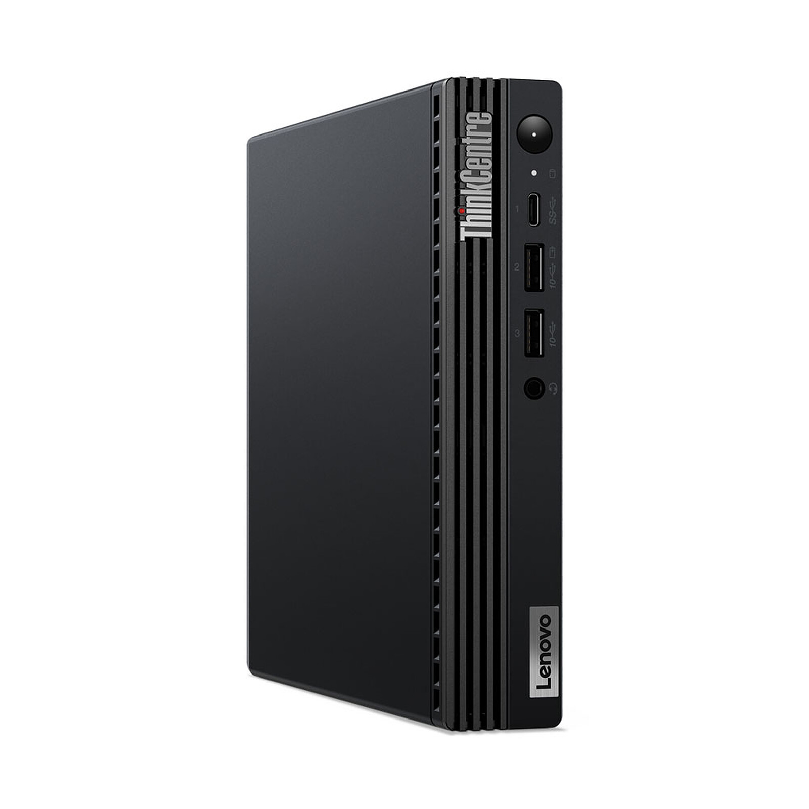 Ein schwarzer Lenovo ThinkCentre Mini-PC steht auf einer weißen Oberfläche und zeigt Front- und Seitenansicht.
