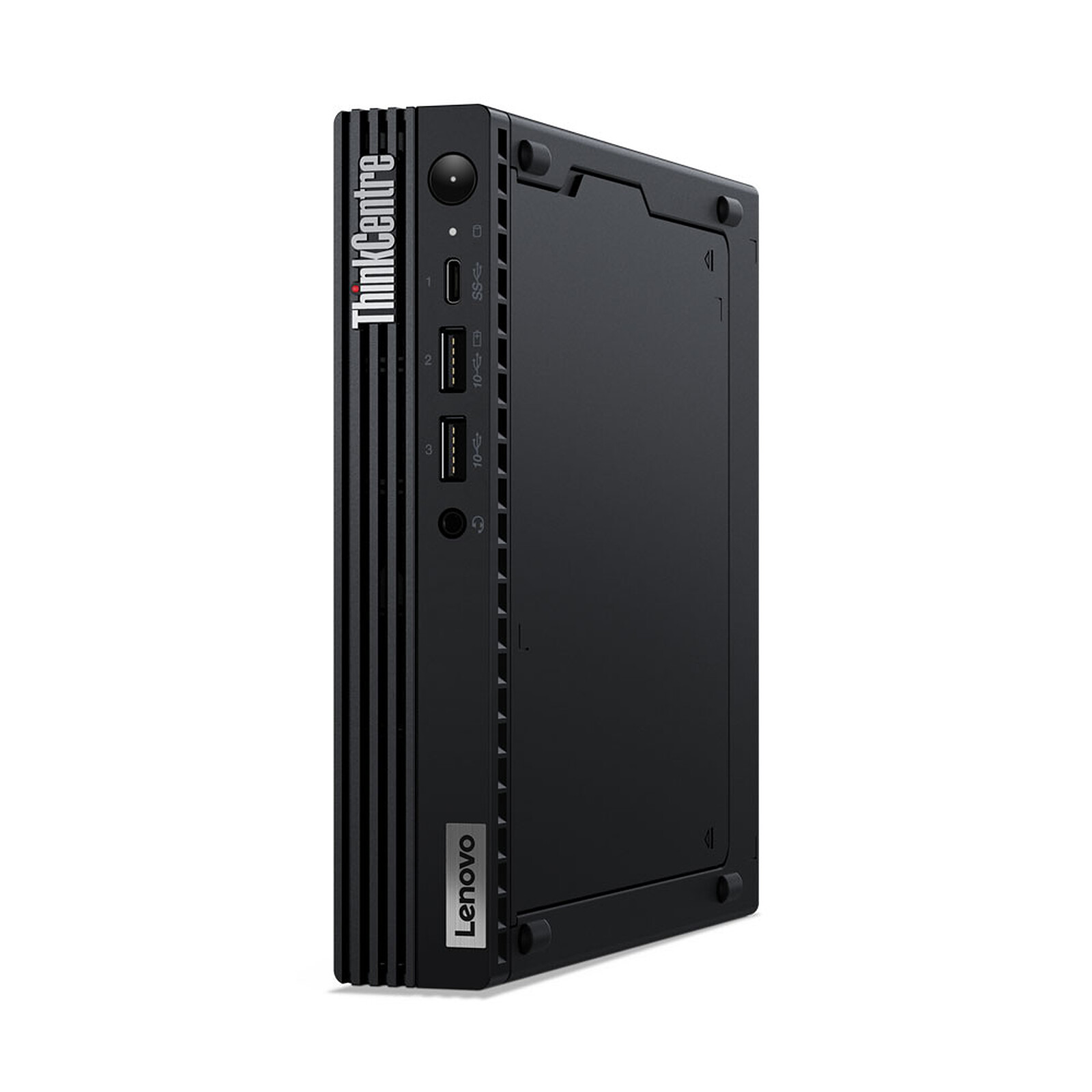 Ein kompakter schwarzer Lenovo ThinkCentre Mini-PC mit Frontanschlüssen und Logo.