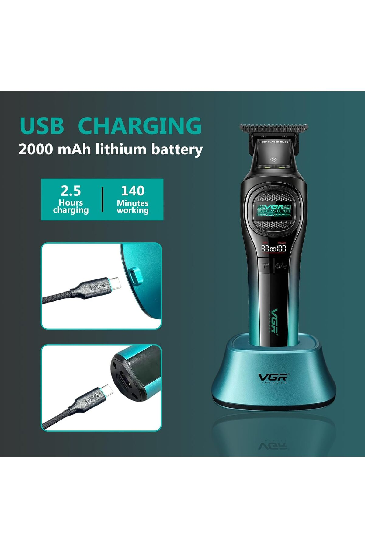 Yeşil arka planda şarj standı ve USB-C kablosu olan saç kesme makinesi.