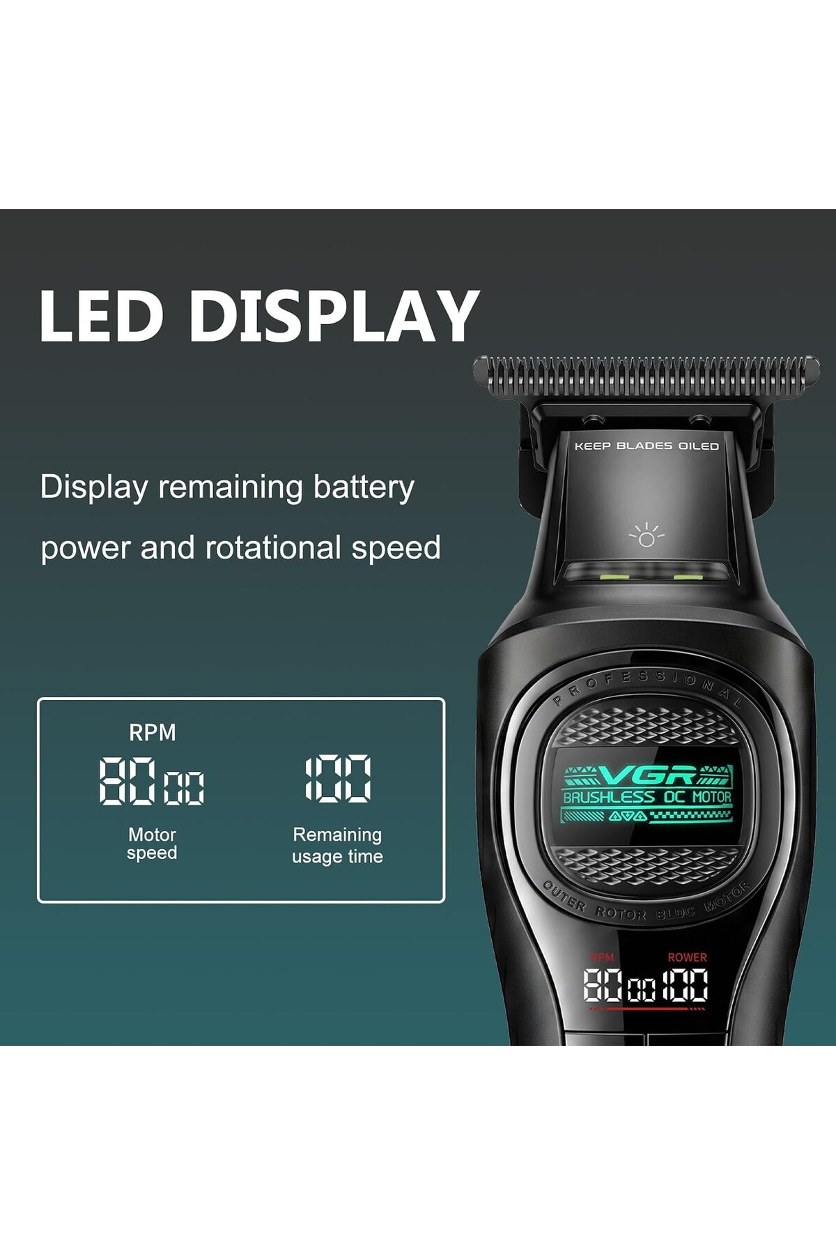 Bir saç kesme makinesinin LED ekranı pil ve motor hızını gösterir.