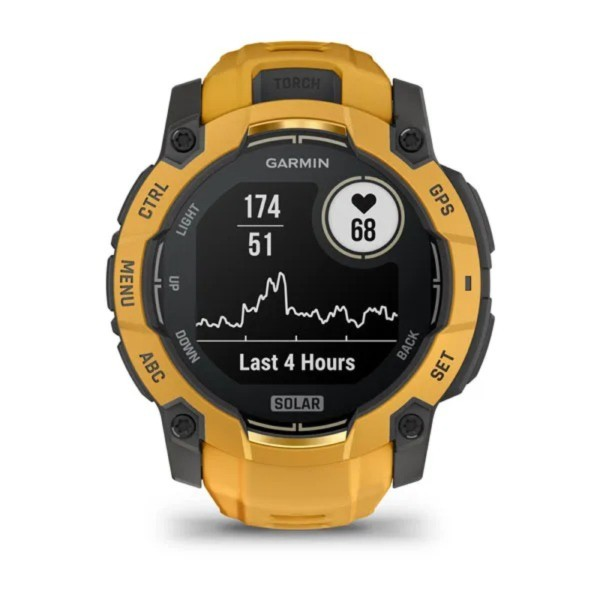 Sarı ve siyah kasalı, nabız ve grafik gösteren Garmin güneş enerjili saat.