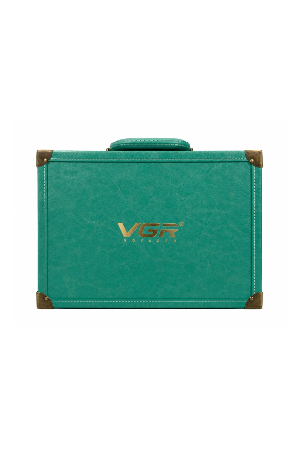 Beyaz arka planda altın köseli ve VGR Voyager logolu camgöbeği rengi deri vintage evrak çantası.