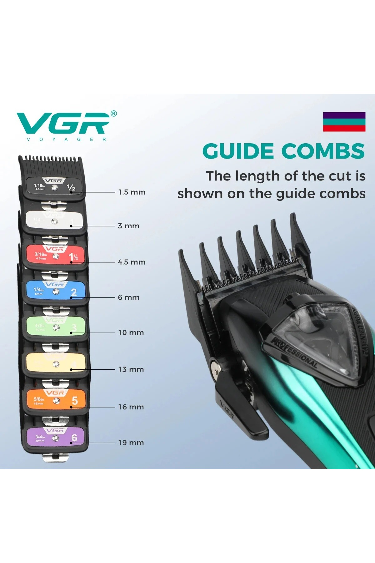 1.5 mm ile 19 mm arası ölçülerdeki VGR saç kesme makinesi taraklarını gösteren görsel.