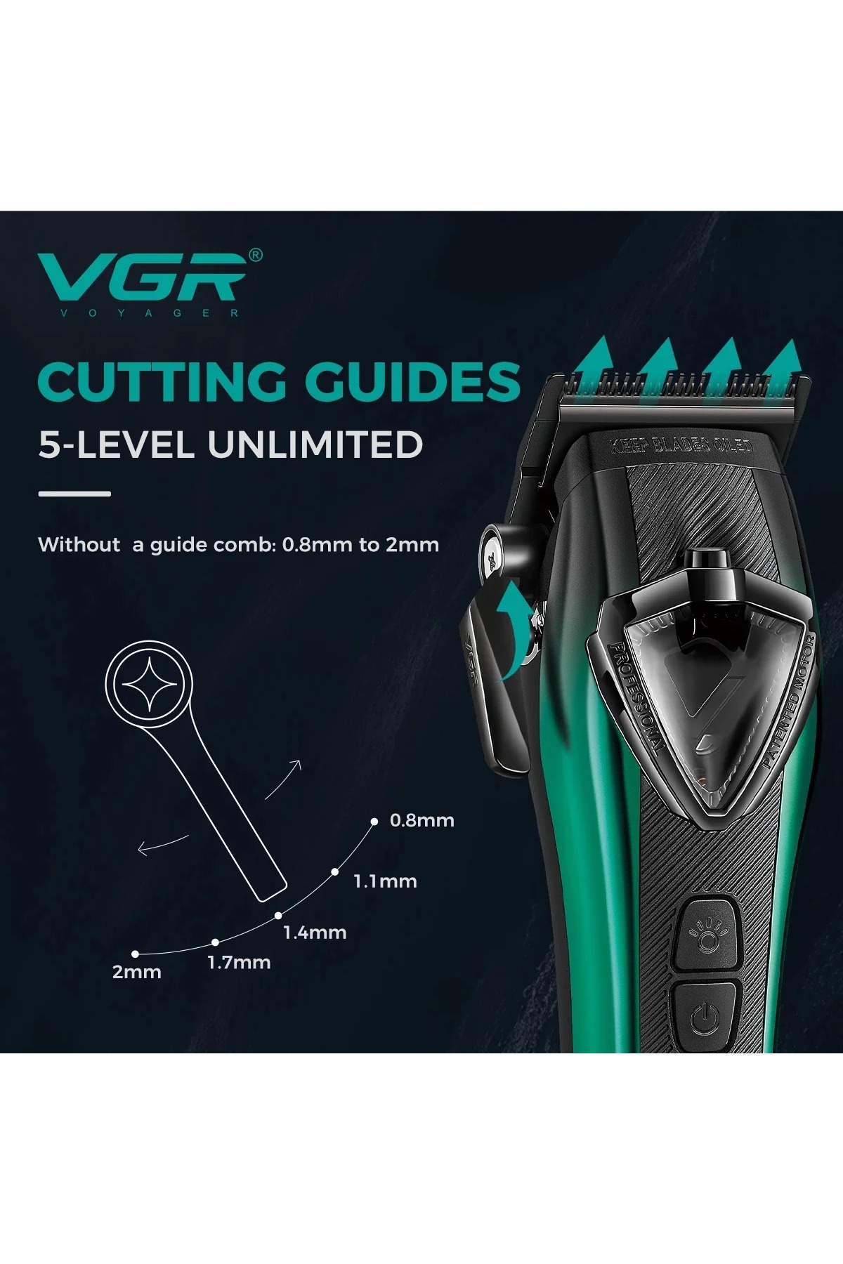 Koyu arka planda 0,8 mm ile 2 mm arasında kesim kılavuzu ayarları gösteren VGR tıraş makinesi.