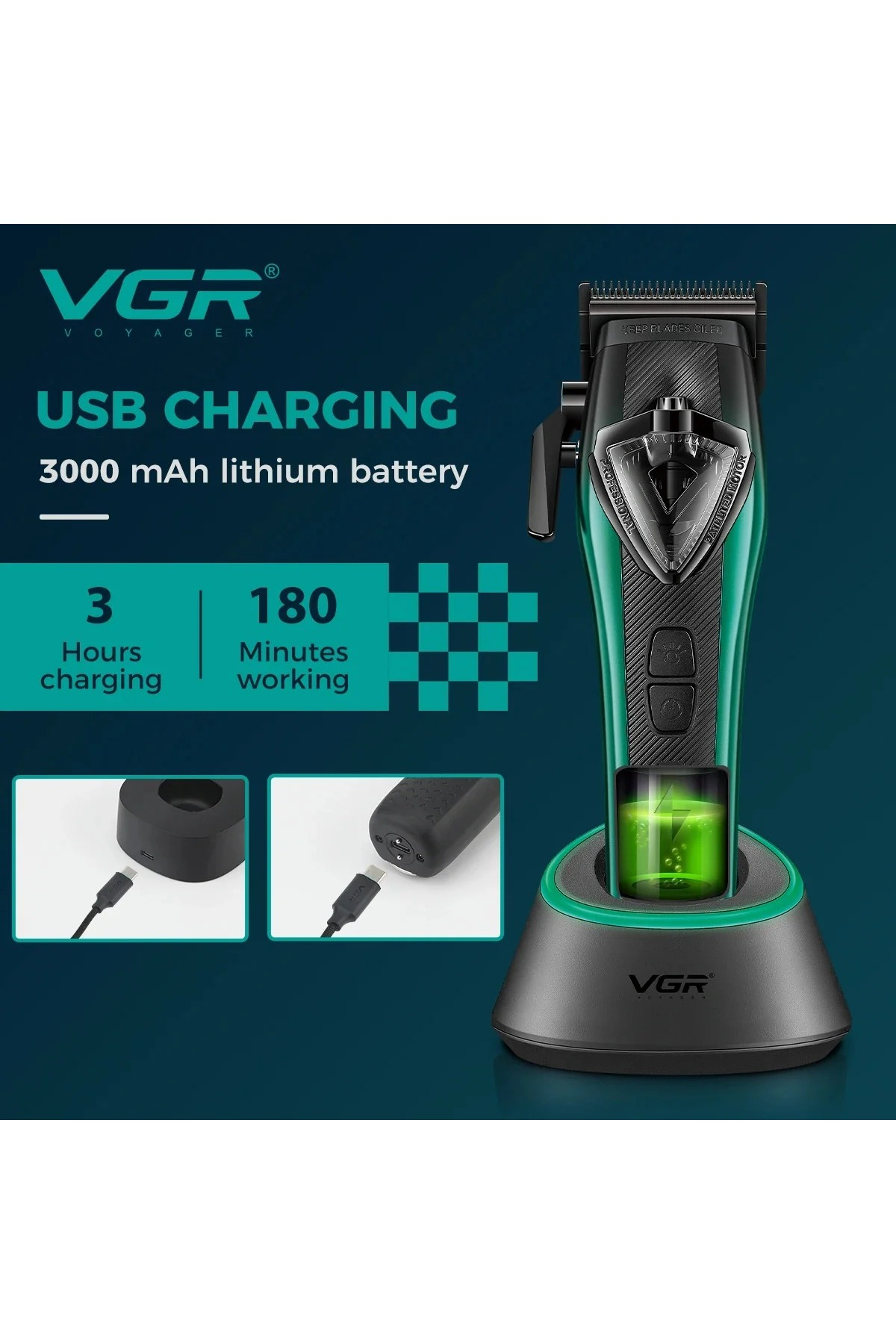 Mavi arka planda şarj standı, USB kablosu ve pil bilgisi olan yeşil VGR saç kesme makinesi.