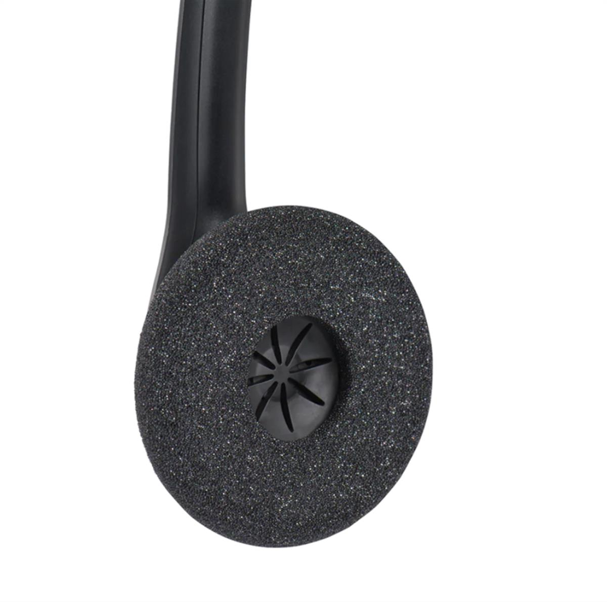 Auricular negro con cojín de espuma suave y soporte de plástico sobre fondo blanco.