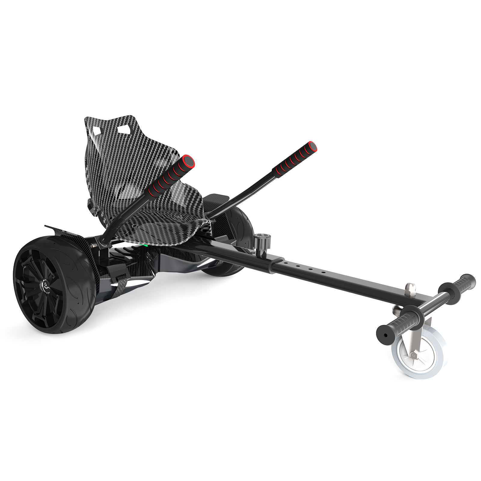 Ein schwarzer Hoverkart-Aufsatz mit Kohfasersitz, Lenkhebeln und Vorderrad auf weißem Hintergrund.