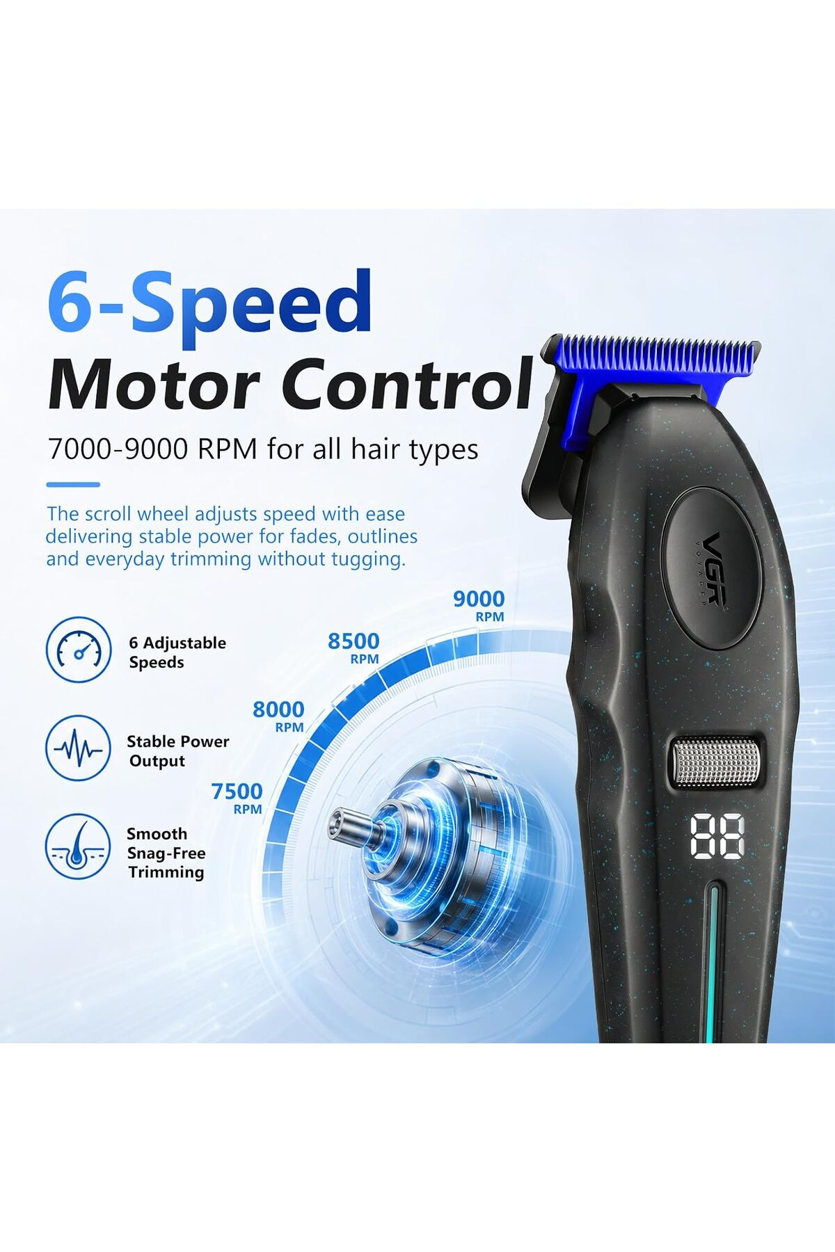 6 hız motor kontrolüne, dijital ekrana sahip saç kesme makinesi.