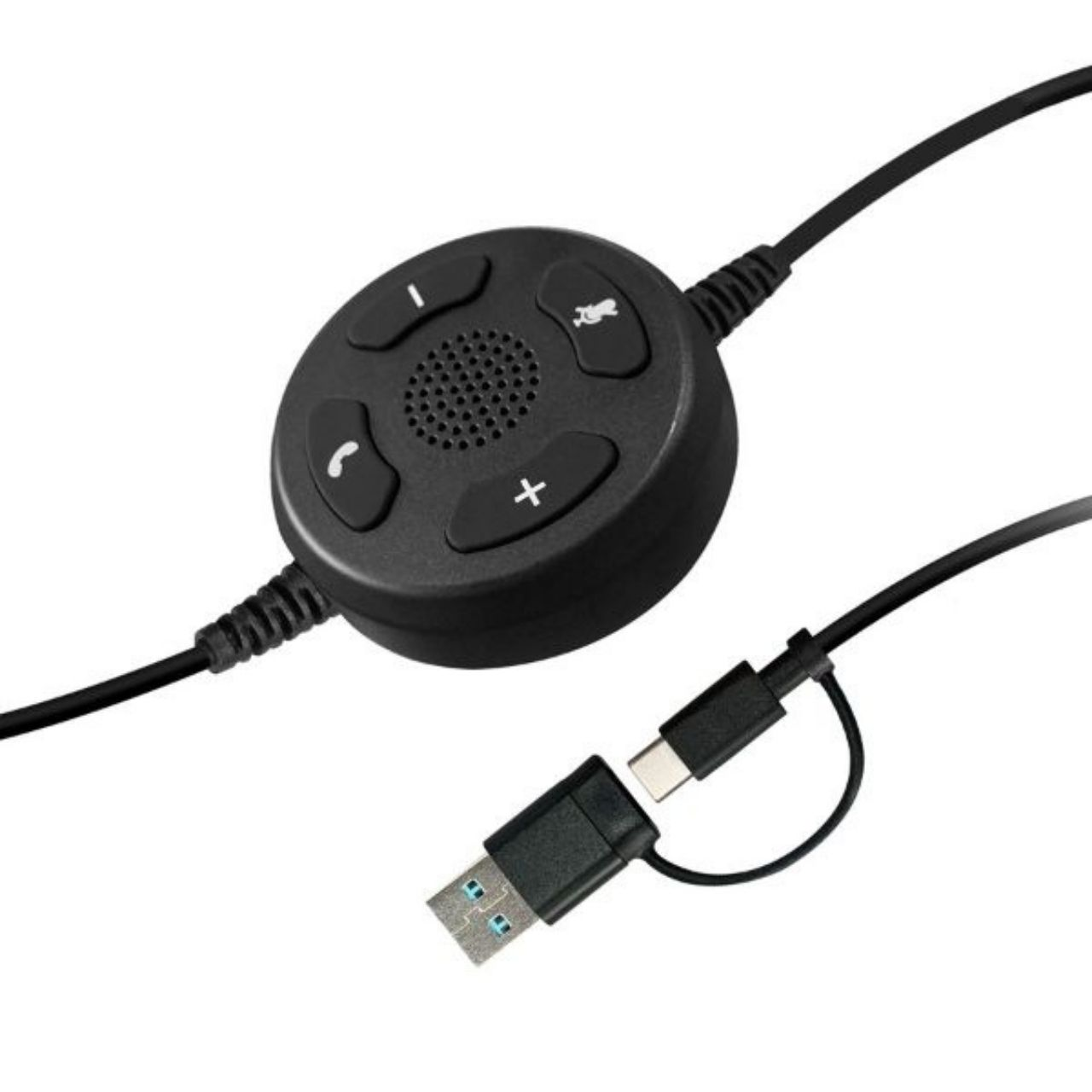 Düğmeli, USB-C ve USB-A kablolu siyah yuvarlak uzaktan kumanda.