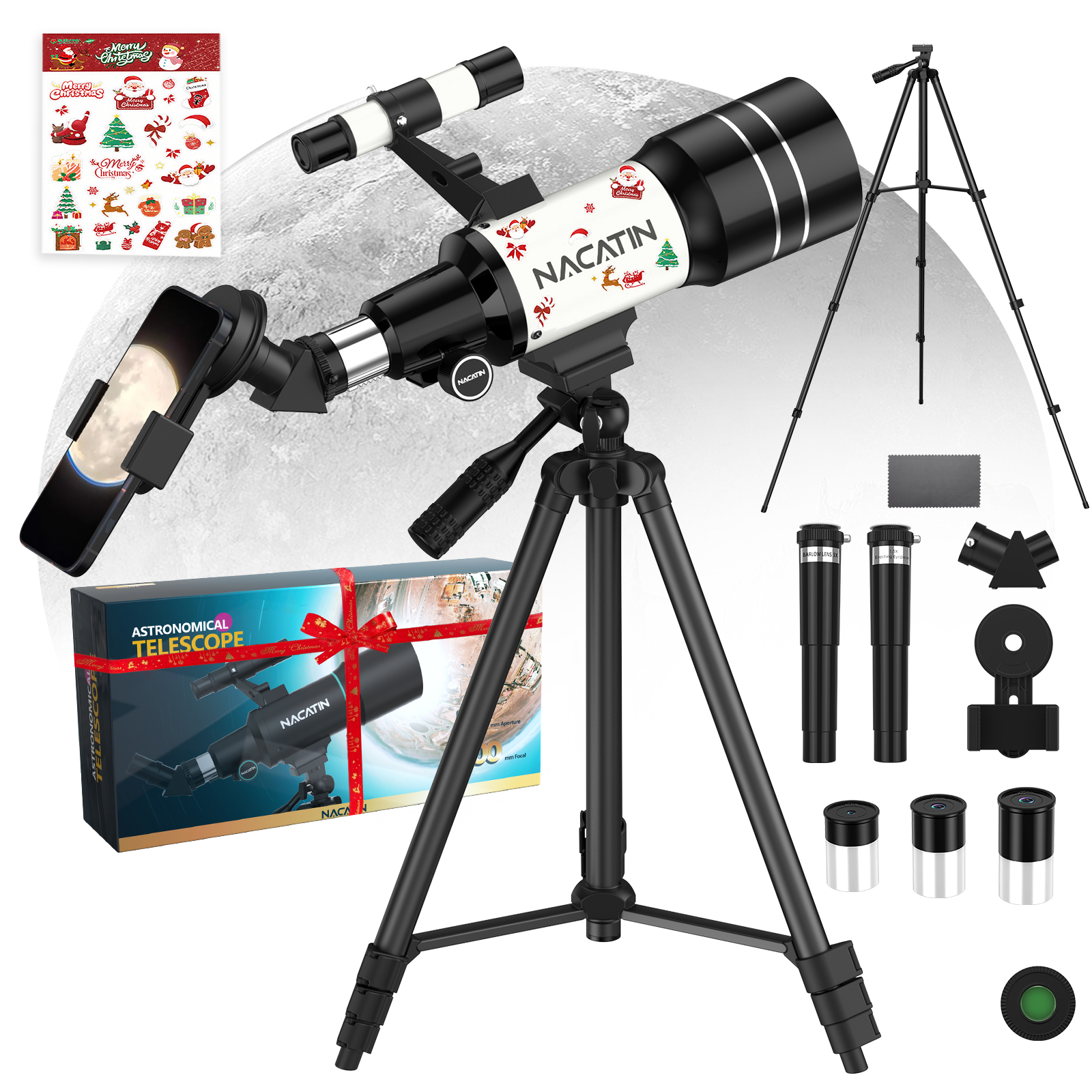 Nacatin-Teleskop mit Stativ, Smartphone-Halterung, Zubehör und Geschenkverpackung vor Mondhintergrund.