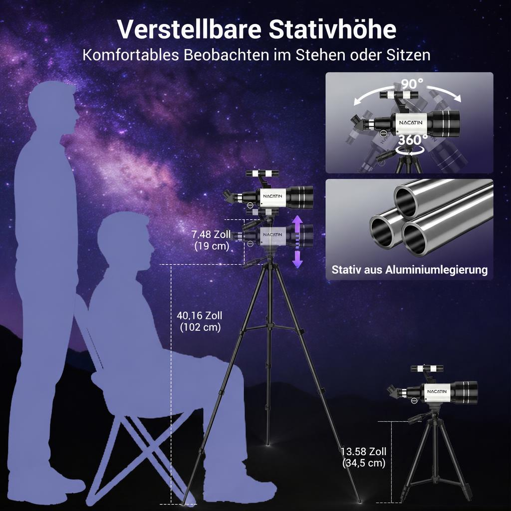 Infografik zeigt verstellbare Stativhöhe für Teleskop mit Steh- und Sitzbeobachtung.