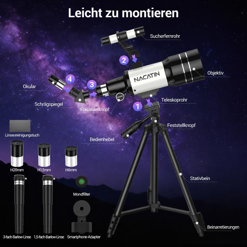 Ein Nacatin-Teleskop auf einem Stativ mit Zuteilungen und Beschriftungen vor einem lilafarbenen Weltraumhintergrund.