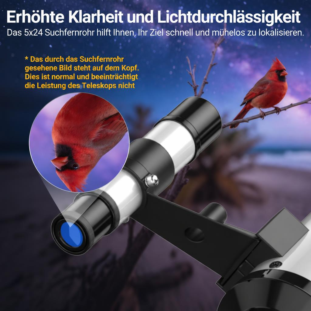 Ein Teleskop-Suchfernrohr zeigt eine rote Vogel auf einem Ast mit Text im Bild.