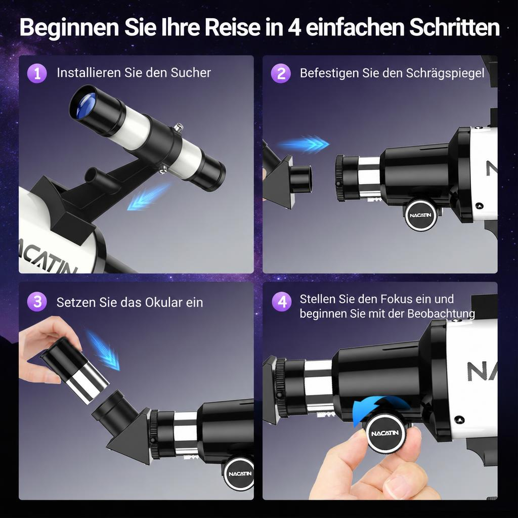 Vier schritte zur installation eines teleskops mit anleitenden bildern und texten.