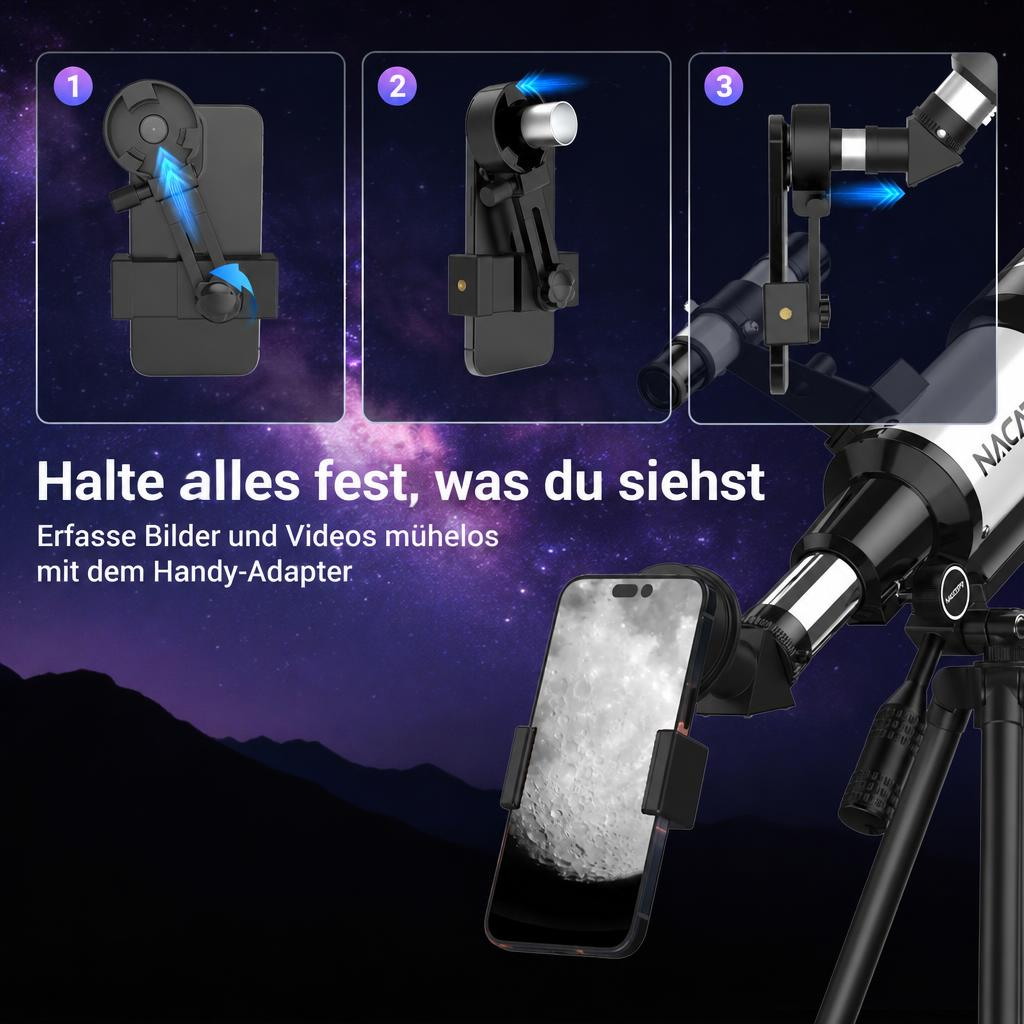 Eine dreiteilige Anleitung zeigt die Montage eines Handyadapters an ein Teleskop, das den Mond anzeigt.
