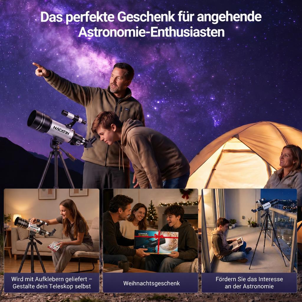 Vater und Sohn beobachten mit einem Nacatin-Teleskop den Nachthimmel unter Sternen.
