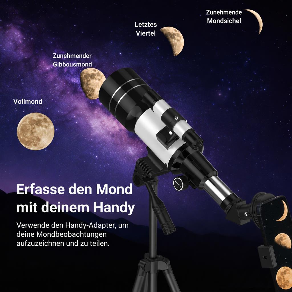 Ein schwarz-silbernes Teleskop vor violettem Sternenhimmel mit Mondphasen und deutschem Text.