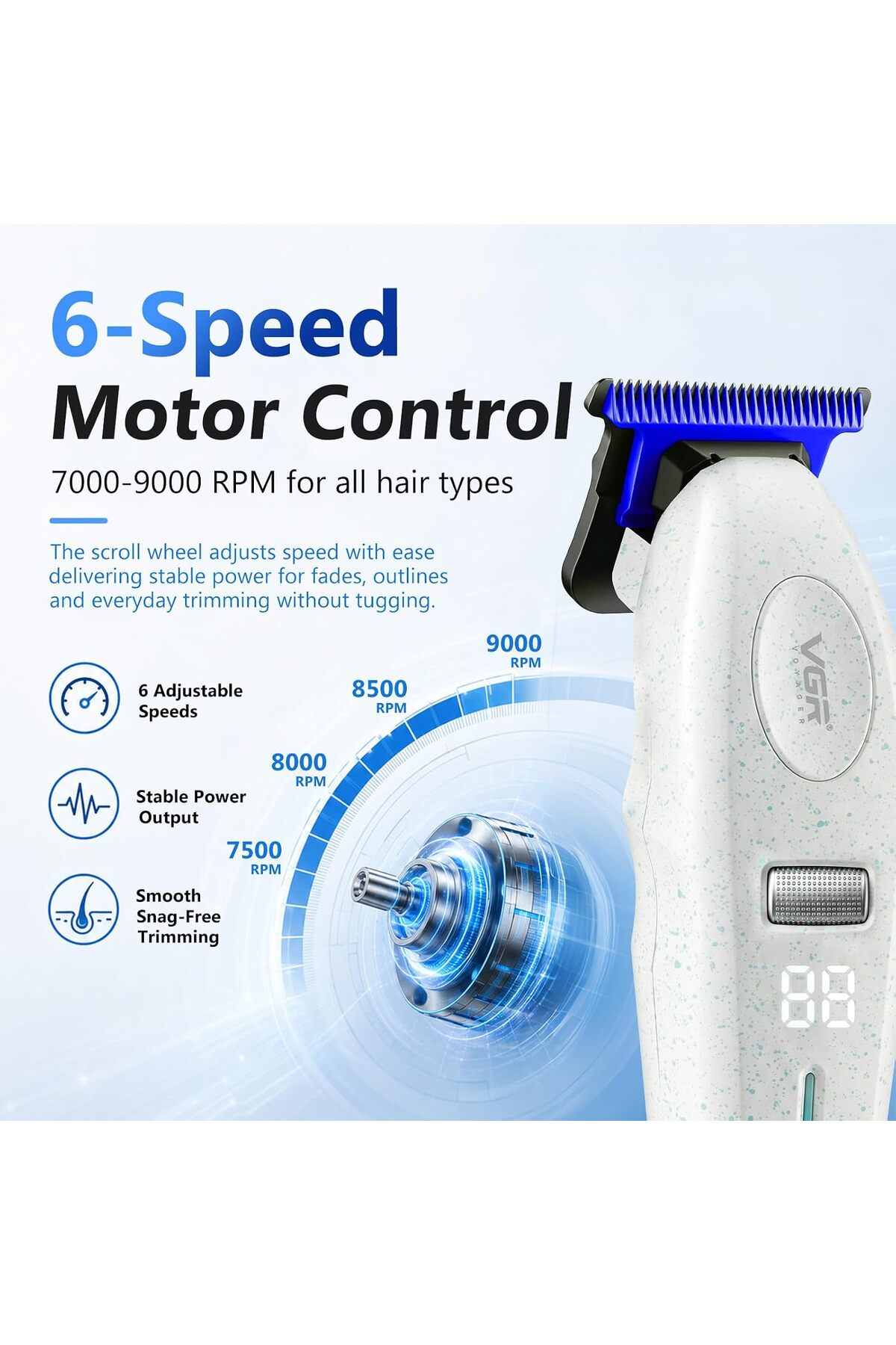 6 hızlı motor kontrolüne, dijital ekrana ve mavi bıçak grafik arka planına sahip beyaz VGR saç kesme makinesi.