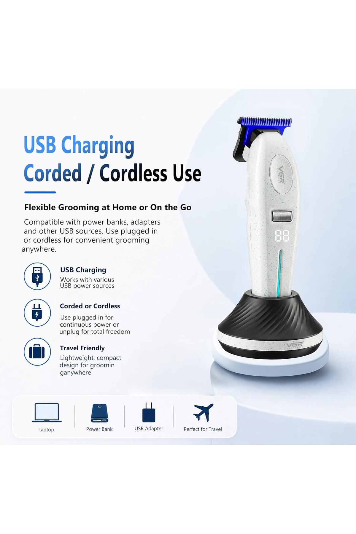 Siyah şarj standında mavi bıçaklı beyaz USB saç kesme makinesi, tanıtım metniyle çevrili.