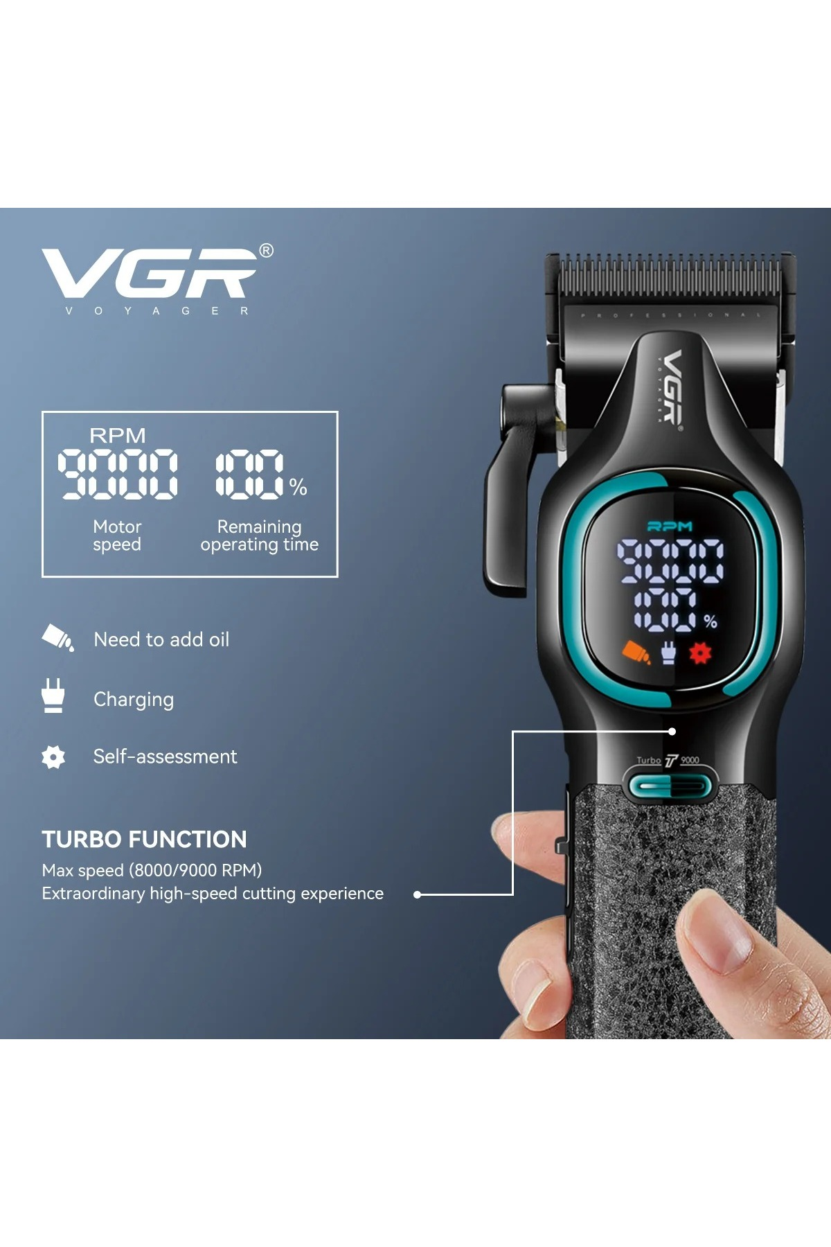 Bir el, dijital ekranı ve turbo fonksiyonu olan siyah bir VGR saç kesme makinesini tutuyor.