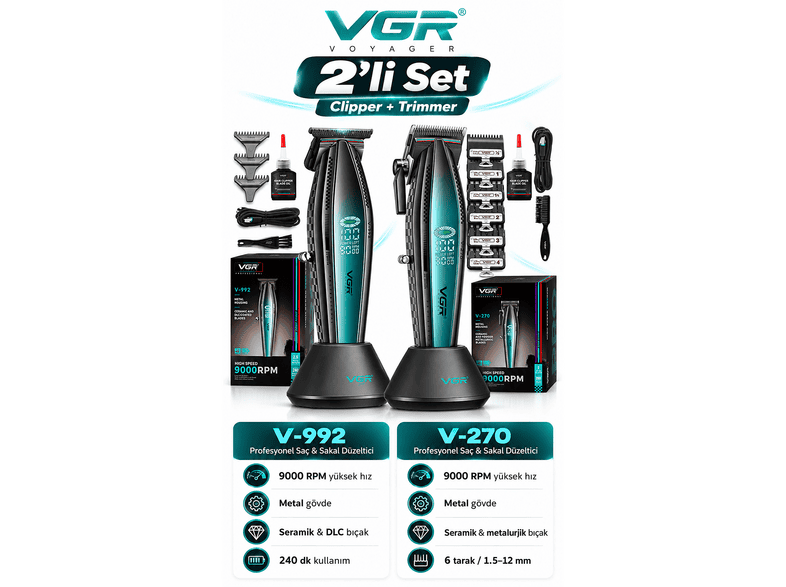 VGR Saç Sakal Metal Clipper Trimmer - V-270 & V-992 Tıraş Makinesi Seti Siyah