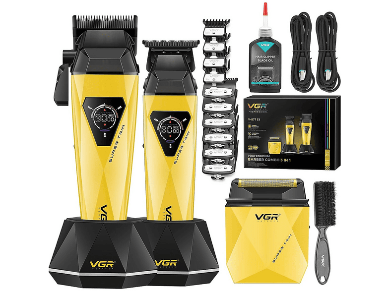 VGR V-877 S3 - Profesyonel 3'lü 9000 RPM DLC Bıçak Tıraş Makinesi Seti Sarı