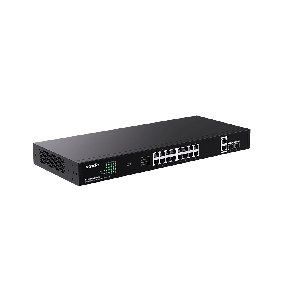 Beyaz bir zemin üzerinde çoklu bağlantı noktalarına ve LED göstergelere sahip siyah bir Tenda Ethernet anahtarı.